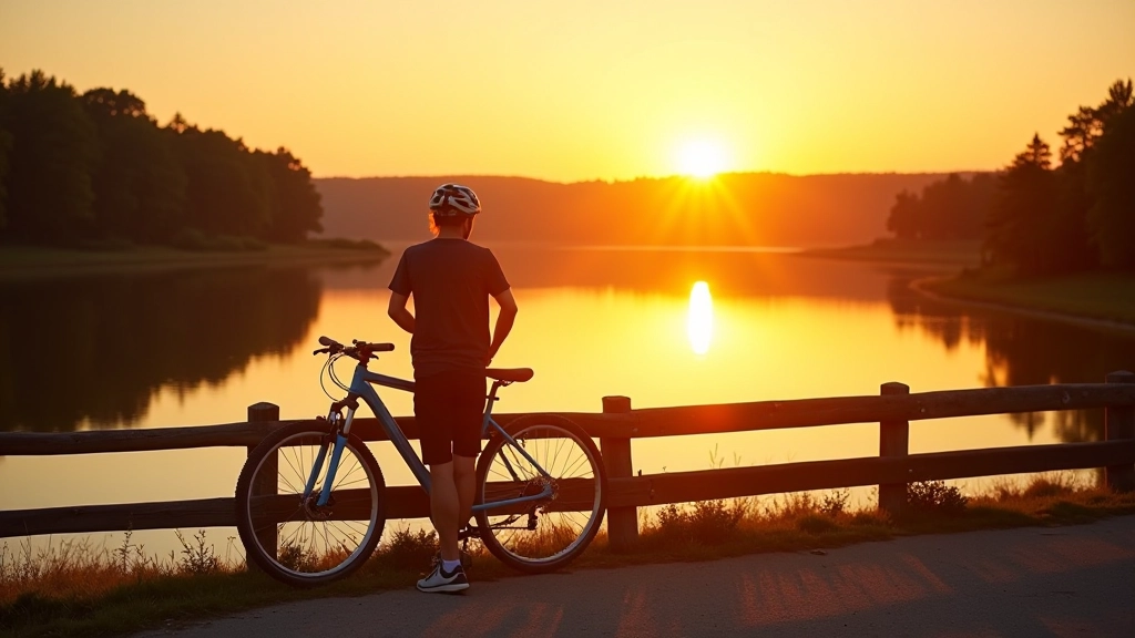 Saulėlydis prie marių su dviračiu uždėtu ant šono ir smilga horizonte